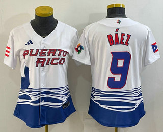 Women%27s Puerto Rico Baseball #9 Javier Baez White 2023 World Baseball Classic Stitched Jersey